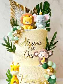 19 Pcs Animal Cake Decorations Lion Elephant Giraffe Monkey Green Gold Foam Balls Suitable For Wild Animal Theme Birthday Cake Decorations Jungle Animal Cake Decorations Christening Cake Decorations(Please Use A Tray And White Tubing; The Ball Surface Should Not Come Into Direct Contact With The Cake.)