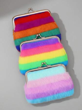 New 4 Inch Cute Fashion Rainbow Plush Silver Metal Clip Coin Purse, Multicolor Fluffy Card & Coin Holder, Multiple Rainbow Hues, Holds Bank Cards, Change, Lipstick & More, Plush Comfortable Fabric, Fashionable Portable Bag For Students & Office Workers, Perfect For Daily Commuting & Gifting,Halloween, Thanksgiving, Christmas And New Year Gifts