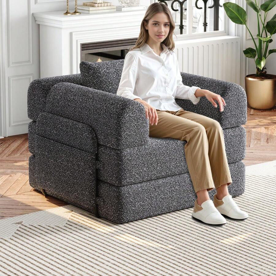 Chenille 2-In-1 Sofa Bed With Armrest Storage Pocket, Three Metal Frames And Multiple Configuration Options - 灰色 + 雪尼爾 + 1 個座位 - 查看 1
