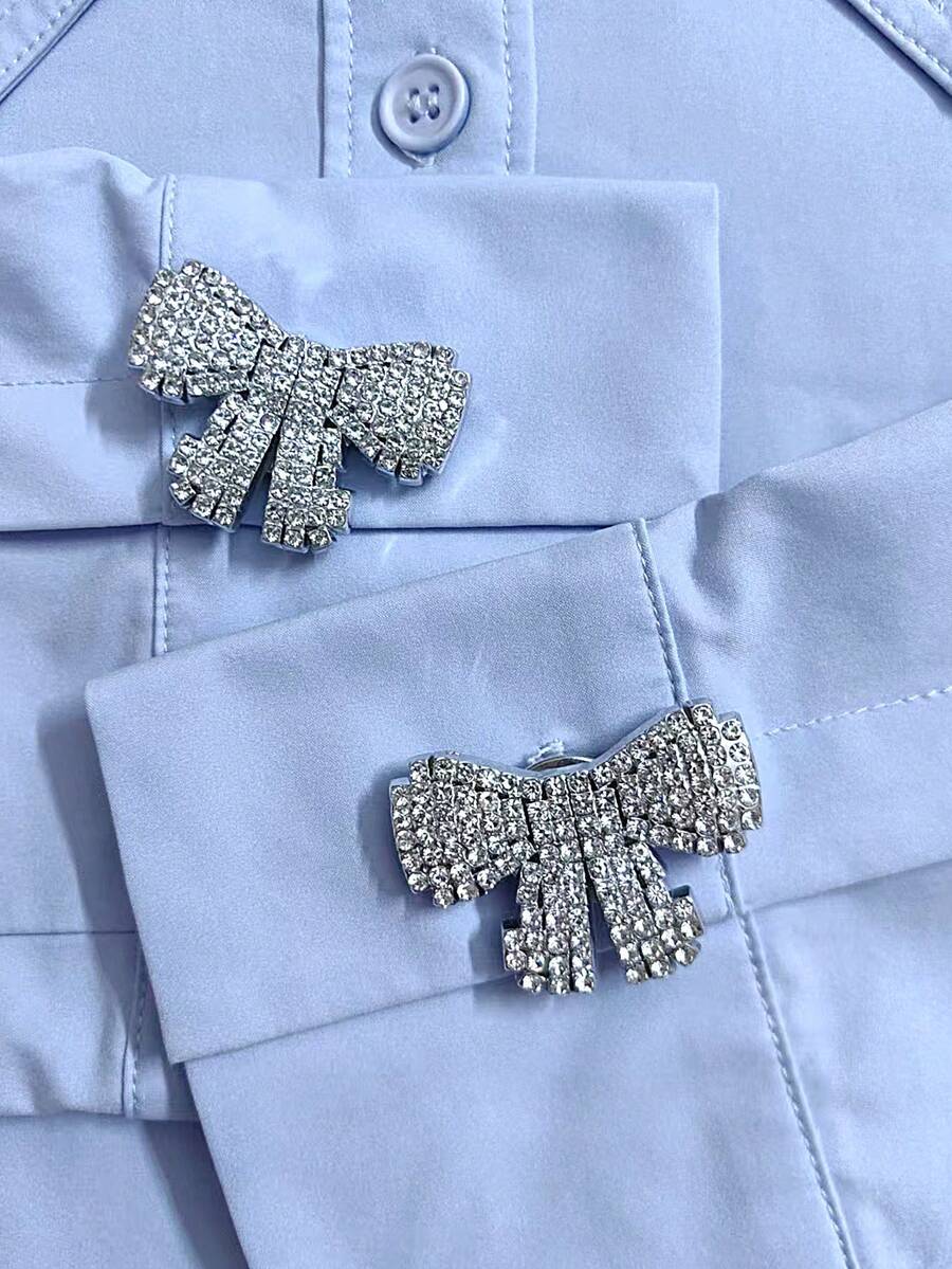 2 Pcs/Set Elegant Rhinestone Bow Geometry Button Covers, Shirts Button Cover Clip On Button Covers Fashion Crystal Cufflinks Cover, Suitable For Tuxedo And Wedding Dresses Decoration - Multicolor - View 1