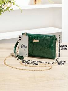Sac pochette minimaliste en PU avec motif peau de crocodile vert foncé, avec bandoulière en métal. Convient comme porte-monnaie pour femmes et filles, idéal pour le dîner, les fêtes, les courses, les déplacements, les voyages et autres occasions - Vert sapin - Voir 3