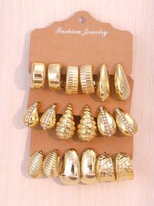 3件套欧美时尚夸张耳环套装，女士C形光滑水滴几何耳环 - 金色 - 查看 2