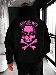 Men's Black And Pink Pirate Skull Hoodie - Gothic Street Style Pullover With Happy Roger, Loose-Fitting Hooded Sweatshirt Suitable For Gym, Outdoor And Halloween Costumes, All-Season Casual Clothing (Machine Washable) - Inspired By Headrush Design - Black - View 1