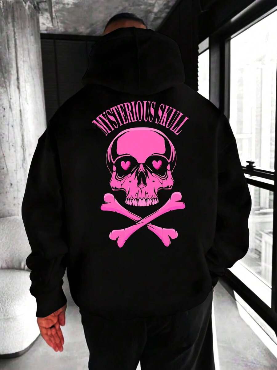 Men's Black And Pink Pirate Skull Hoodie - Gothic Street Style Pullover With Happy Roger, Loose-Fitting Hooded Sweatshirt Suitable For Gym, Outdoor And Halloween Costumes, All-Season Casual Clothing (Machine Washable) - Inspired By Headrush Design - Black - View 1