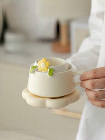 一套简约陶瓷茶杯和茶碟，办公用泡茶杯，家用便携式早餐杯