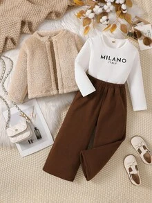 3 件套女童秋冬时尚蓬松开衫外套、长袖字母印花打底衫、加厚保暖直筒裤套装 - 杏色 - 查看 1