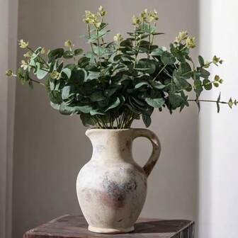 1pc Vintage Distressed Ceramic Vase, Bohemian Style Handled Flower Pot Vase, Suitable For Home Decor, Holiday Gift