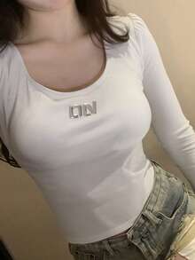 2025新款简约设计印花女士休闲长袖上衣 白色 - 白色 - 查看 3