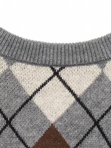 Camellia 女士秋冬新款菱形图案长袖单排扣休闲开衫毛衣度假 - 灰色 - 查看 6