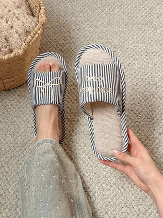 XIXITIAO 女士ins风竖条纹蝴蝶结字母图案舒适透气平底鞋亚麻拼色软底拖鞋