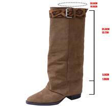 Fall/Winter Brown Patchwork Leopard Print Asymmetrical Waistband Decor Mid-Calf Slip-On Boots, Comfortable, Versatile, Fashionable For Casual, Office, Holiday - Brown - View 9