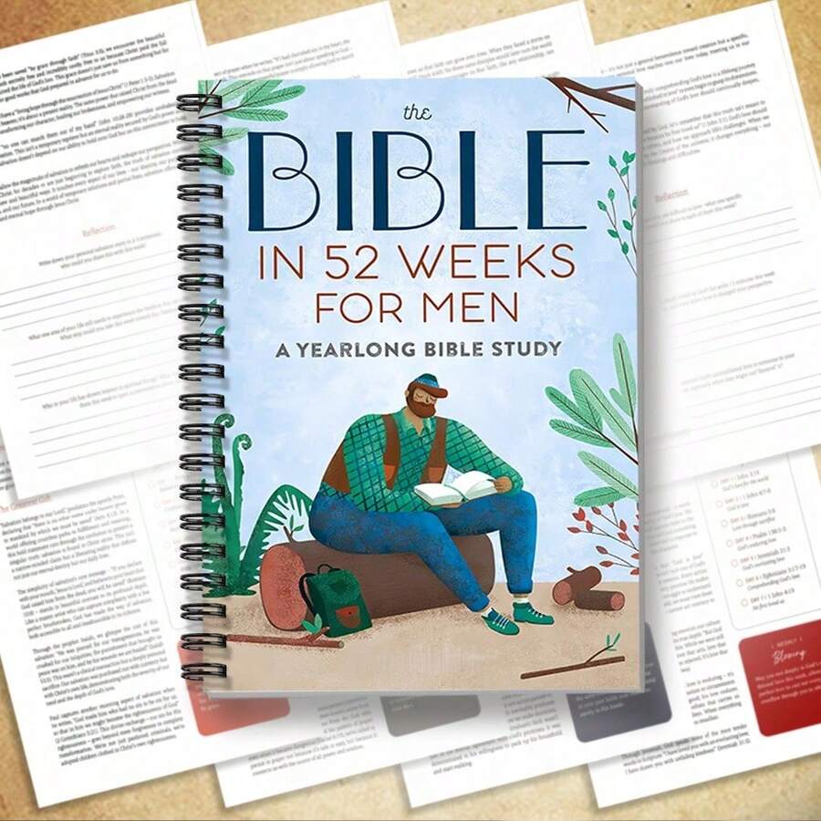 52 Weeks Christian Annual Planner, Outdoor Style Illustrations, 52 Weeks Bible Study Plan With Reading Guide, Spiral Bound, Men's Devotional/Group/Christmas & Father's Day Gift, Faith Growth Journal - 5.5x8.3inch - View 1