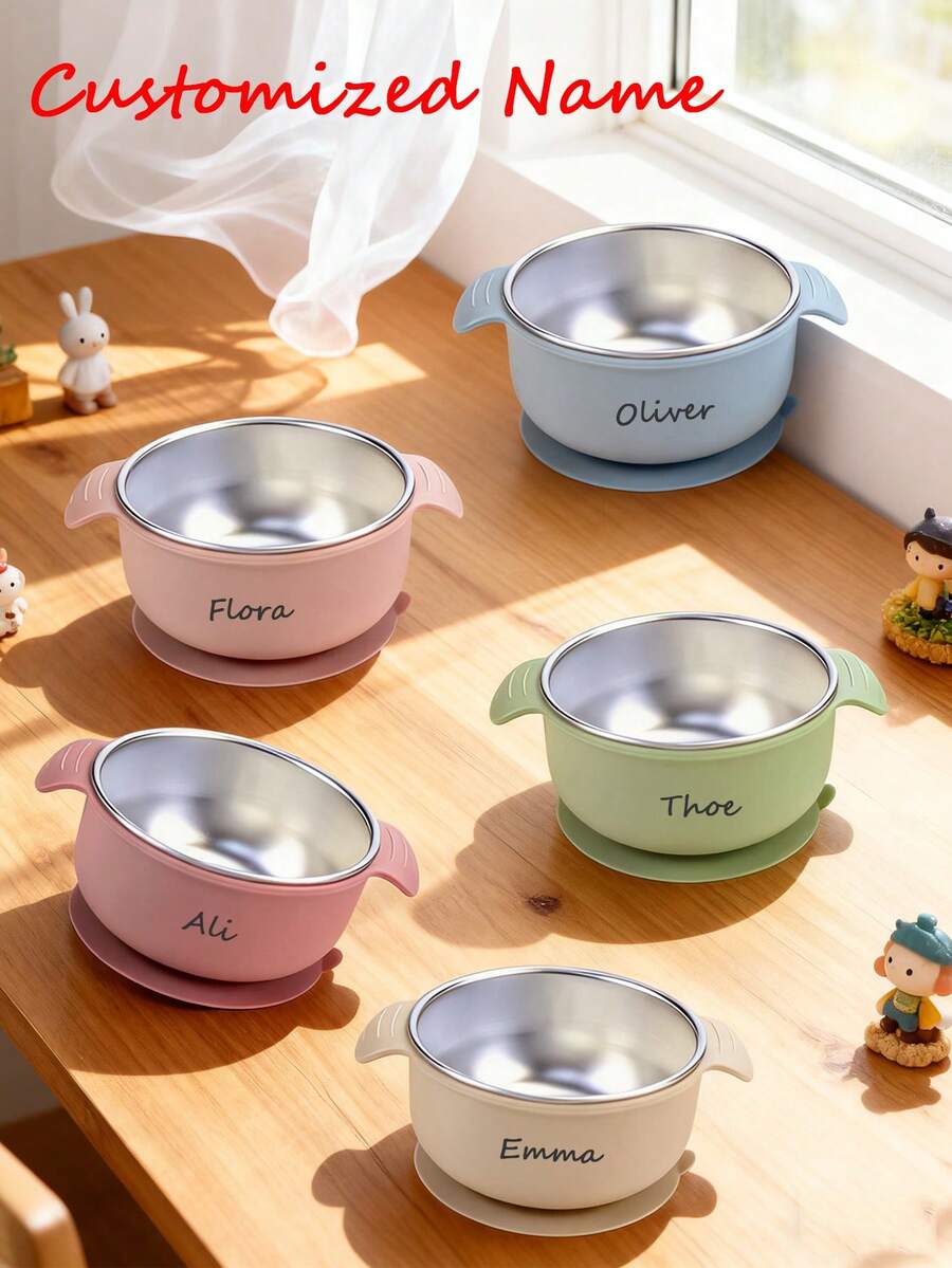 Stainless Steel Bowl, Baby Food Bowl, Silicone Double Handles, Anti-Scald And Anti-Drop, Customizable Name - Multicolor - View 1
