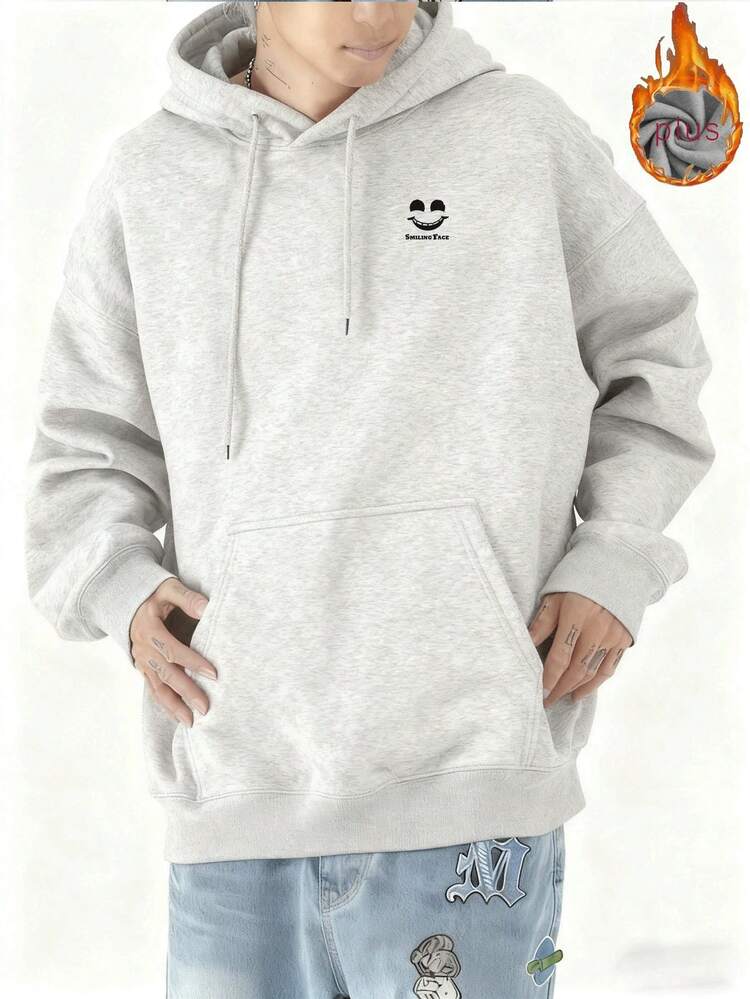 2025 Sudadera con Capucha de Forro Polar de Ajuste Holgado para Hombre Otoño Invierno Nuevo Estilo Coreano  Ins Casual Versátil Cálido de Manga Larga Top Juvenil Estudiante Impresión de Cara Sonriente Chaqueta Pullover - Blanco - Añade 9