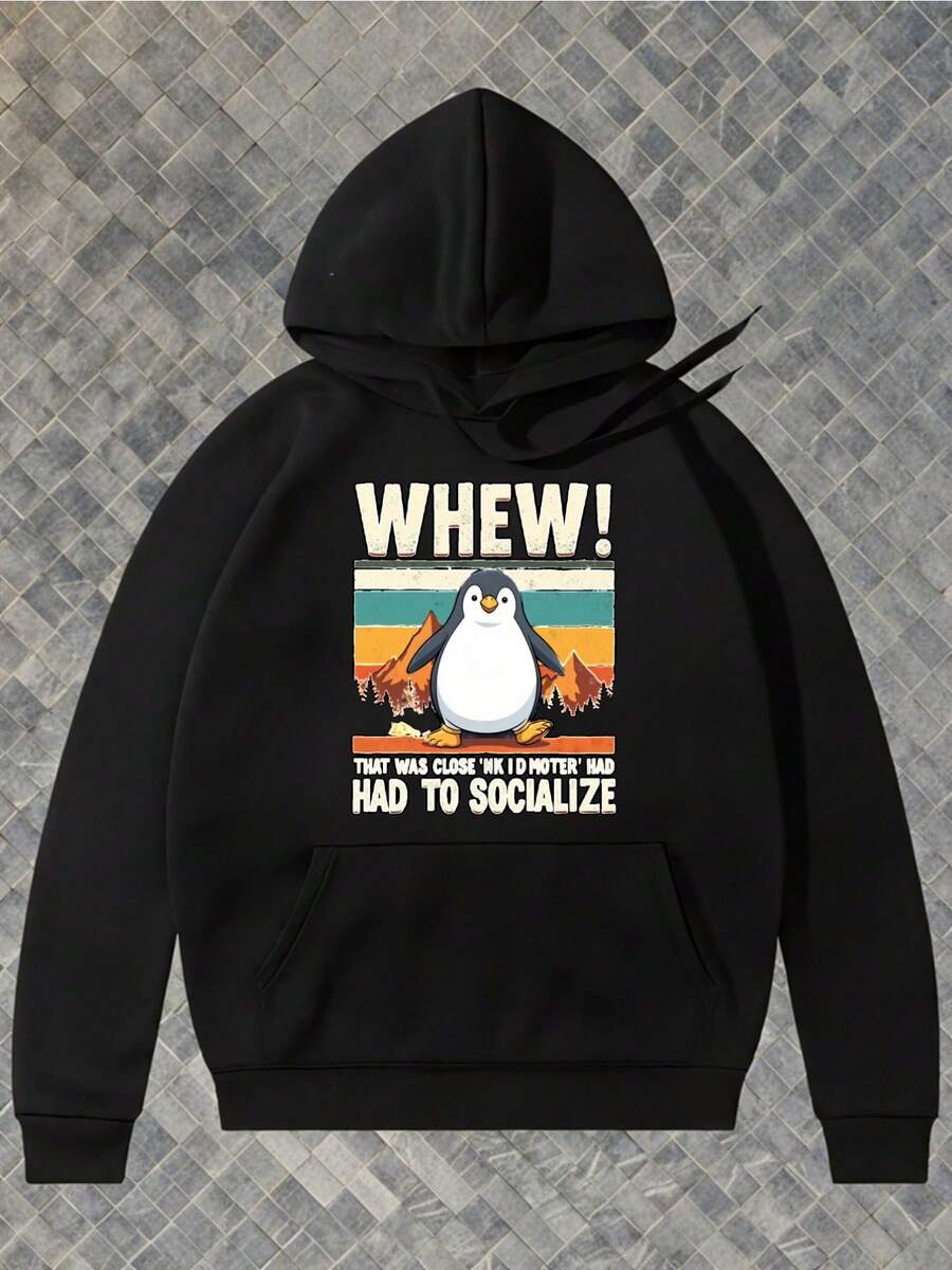 Sudadera con capucha para hombres con divertido estampado de pingüino - Negro - Ver 1