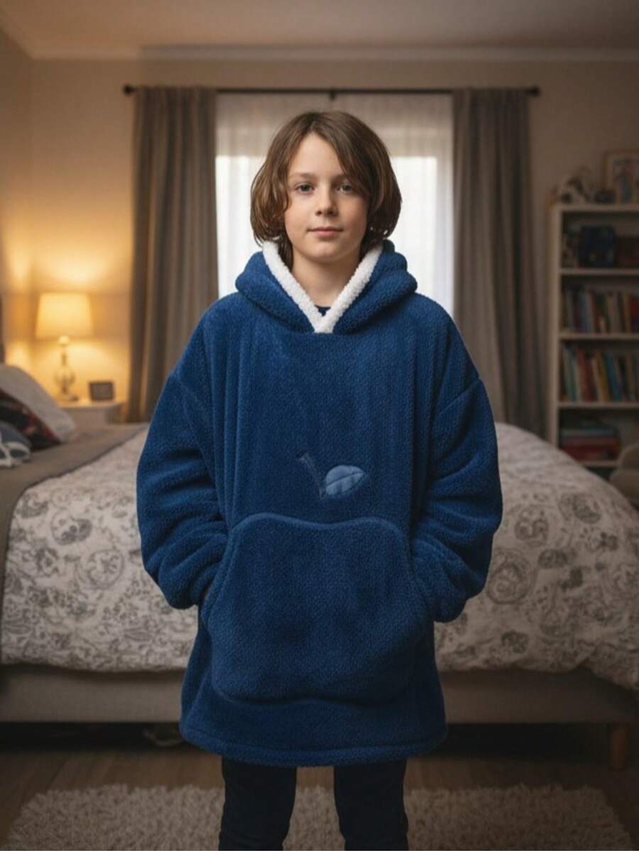 Sudadera Cobija para Niño/Niña con Diseño de Manzana-  Hoodie Manta Suave, Calientita, Oversize para Invierno y Descanso en Casa - Azul - Ver 1