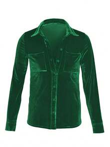 Women's Solid Color Pocket Front Button Down Collar Gold Velvet Long Sleeve Blouse Shirt Casual Daily Spring Autumn - Green - View 3