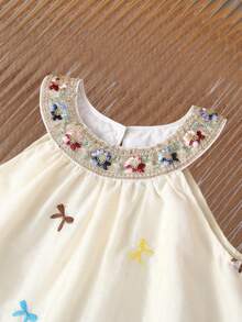 女童时尚花卉刺绣领公主薄纱连衣裙，配大蝴蝶结，适合宝宝派对，夏季 - 杏色 - 查看 3