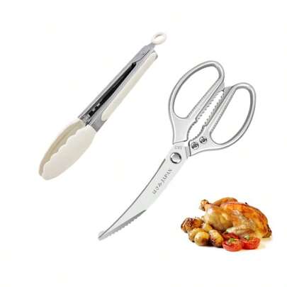 1pc Silver Multifunctional Kitchen Scissors - Includes Ivory Food Tongs, Stainless Steel Poultry Shears, Essential Kitchen Tool For Home And Camping, Suitable For Cutting Steak, Chicken, Vegetables And Grilling