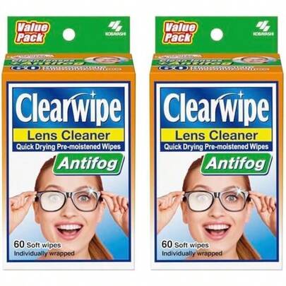 Clearwipe AntiFog Lens Cleaner 60 Wipes Effective StreakFree Cleaning With Antifog For Glasses And Lenses Pack Of 2