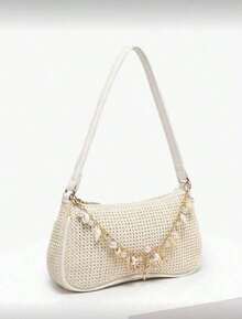 Novachic Woven Minimalist Style Shell & Starfish Decor Zipper Closure Shoulder Bag/Hobo Bag, Suitable For Daily And Holiday Use, Summer Beach Vibe (Natural Shell Accessories May Have Slight Damages During Shipping) - Màu be - Xem 3