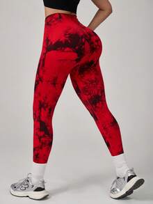 High Waisted Seamless Slim Tie-Dye Leggings For Women -Resilient Soft Touch Quick-Drying Breathable 4-Way Stretch Butt Lifting Legging, For Hiking Running Cycling Yoga Pickleball Exercise Casual - 紅色 - 查看 5