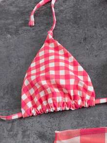 Conjunto de 3 peças com estampa pied-de-poule, top cropped com amarração nas costas, perfeito para férias e praia no verão. - Rosa Quente - Ver 5