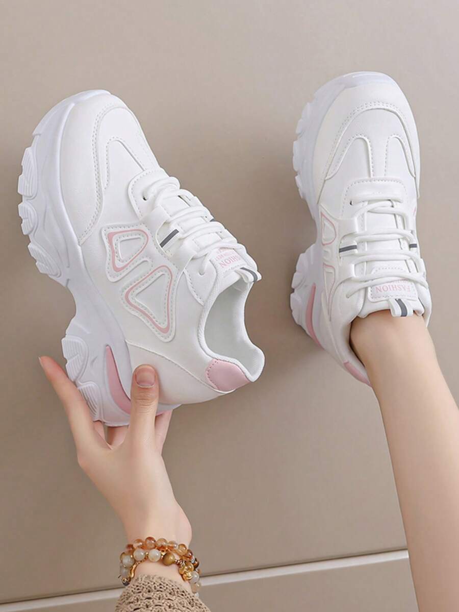 女士春秋新款厚底运动鞋，皮革鞋面拼接透气厚底休闲鞋，轻便系带时尚黑/白/粉色运动休闲运动鞋 - 粉色 - 查看 1