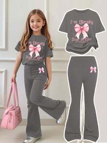 Tween Girl Casual Bow Graphic Short Sleeve Loose T-Shirt And Flare Pants Elegant Girl Outfit, Back To School/School Clothes