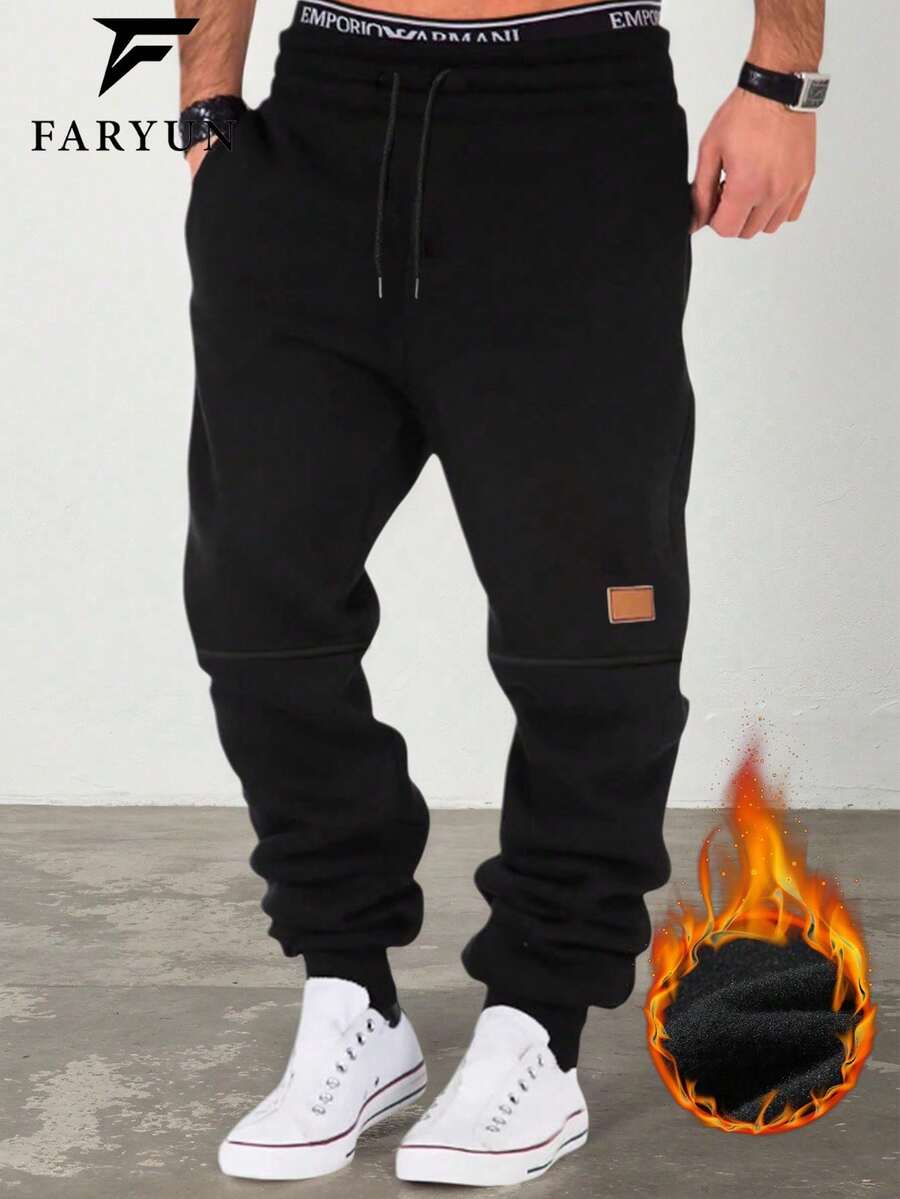 Pantalones de chándal gruesos para hombres, pantalones jogger con cordón en la cintura y puños, de otoño/invierno, de felpa