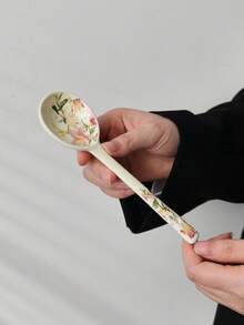 Vintage Floral Ceramic Spoon, Household Soup Spoon, Japanese Style Dessert Spoon, High-Quality Rice Spoon, Personal Long Handle Spoon