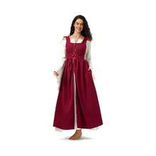 Women's Peasant Overdress With Adjustable Laces Pockets, Renaissance Corset Dress Halloween, Medieval Festival - 葡萄酒 + 特大杯 - 查看 2