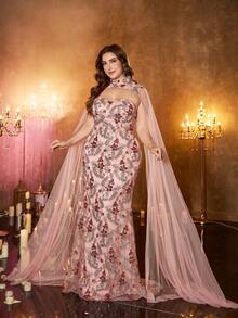 UNITHORSE [Random Print] Plus Women's Stand Collar Floating Piece Sleeve Off Shoulder Back Straps Design Slim-Fitting Evening Dress - Pink - View 4