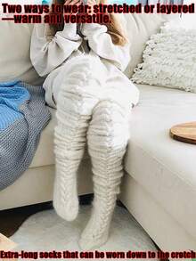 1 Pair Of Women's Over-The-Knee High Socks, Over-The-Knee Knitted Boots And Socks, Warm And Fashionable Warm Leg Covers For Winter, Solid Color Over-The-Knee Knitted Striped And Twisted Pattern Socks, Christmas Clothing, Warm Accessories, Cozy Socks - Multicolor - View 9