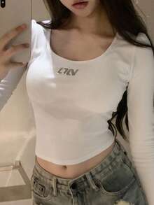 2025新款简约设计印花女士休闲长袖上衣 白色 - 白色 - 查看 1