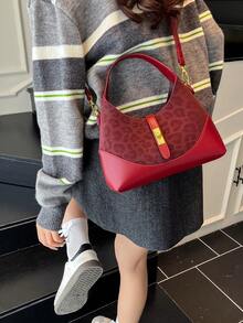 Túi xách & Túi đeo vai nữ, Thời trang thanh lịch tối giản, giản dị, Túi yên ngựa cổ điển, Họa tiết da báo màu đỏ tía - Màu Đỏ Sâu - Xem 5