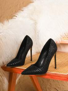 时尚性感黑色石纹尖头套脚休闲派对高跟鞋，女士细高跟鞋 - 黑色 - 查看 7