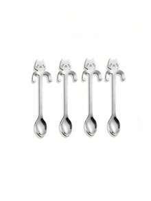 1/4/12pcs Creative Stainless Steel Coffee Spoon, Cute Cat Shaped Stirring Spoon, Korean/Japanese Style Kitchen & Dining Tool - Silver - View 8