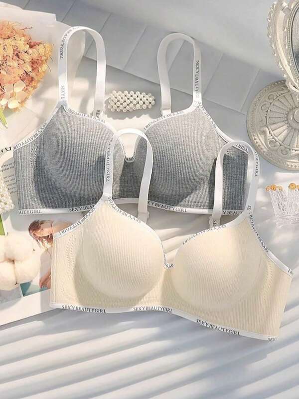 Two Pieces Underwear For Girl With Small Breasts, Gathered To Show Big Breasts, No Steel Ring, Side Breasts, Anti-Sagging, Sports Style, Seamless Letter Bra