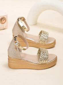 1 Pair Toddler Girls' Metallic Woven Upper Buckle Decor Soft & Luxurious PU Leather Sandals, Simple One-Strap Design, Round Toe, Comfortable Platform Wedge Heel, Fashionable Princess Style Casual High Heels Suitable For Daily, Party, Holiday Wear - 金色 - 查看 8