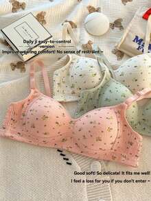 四件套新款甜美碎花小胸少女内衣 - 无钢圈，提拉聚拢侧乳，防下垂文胸，适合青少年和初中生，亲肤舒适