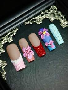 10pcs Glossy Y2K French Western Ocean Nail Art, Pink Nails, Red Nails, Light Blue Nails, Shiny Nails, 3D Handmade Starfish & Shell Decor, 3D Hand-Painted Wavy 3D Colorful Carved Rectangle Acrylic Nails, Perfect For Bikini Beach Matching. - 彩色 - 查看 12