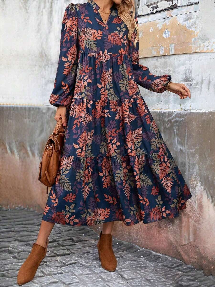 大码女式波西米亚花卉印花针织锁孔领长袖主教袖分层 A 字连衣裙 - 彩色 - 查看 1