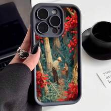 Cubierta de teléfono con borde protector color negro con estampado de bosque otoñal y personas recogiendo frutas para uso diario y estilo vintage - Negro - Ver 1