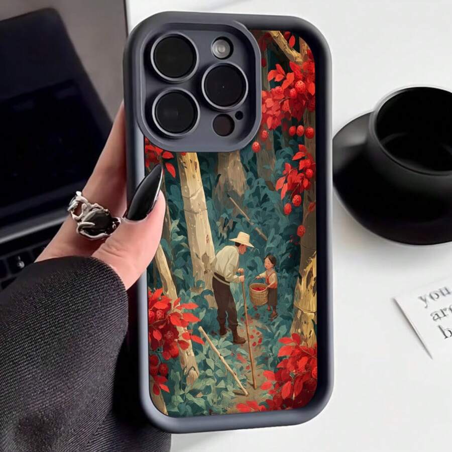 Cubierta de teléfono con borde protector color negro con estampado de bosque otoñal y personas recogiendo frutas para uso diario y estilo vintage - Negro - Ver 1