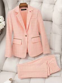 HOMEYEE 女士格子西装套装，商务休闲西装外套和裤子，百搭款式，适合各种场合和度假，两件套粉色春季款 - 粉色 - 查看 9