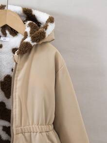 Girls' Warm Plush Reversible Hooded Zip-Up Cardigan, Fashionable Outerwear For Autumn/Winter - Khaki - View 7