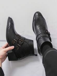 Men's Chunky Heel Boots With Double Buckle Design, Retro Formal Boots, Black Versatile Motorcycle Boots, Couple Style Suitable For Party, Banquet, Ball - Black - View 1