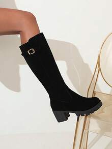 Women's Fashion Black Suede Boots, Solid Color Casual Over-The-Knee Boots, Comfortable Mid-Calf Boots, Retro Riding Boots, Thick-Soled Tall Boots, Chunky Heel Leather Boots, Versatile Mid-Heel Women Boots, Belt Buckle Decor, Tight-Fitting Side Zipper Leather Boots, Block Heel Women Shoes - Black - View 4