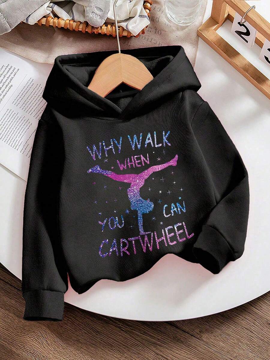 少女卡通舞者和标语印花卫衣，休闲舒适，秋冬时尚可爱 - 黑色 - 查看 1